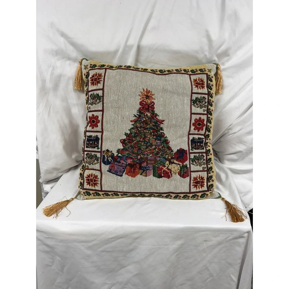 Vintage Style Woven Tapestry Christmas Tree Throw Pillow with Gold Tassels